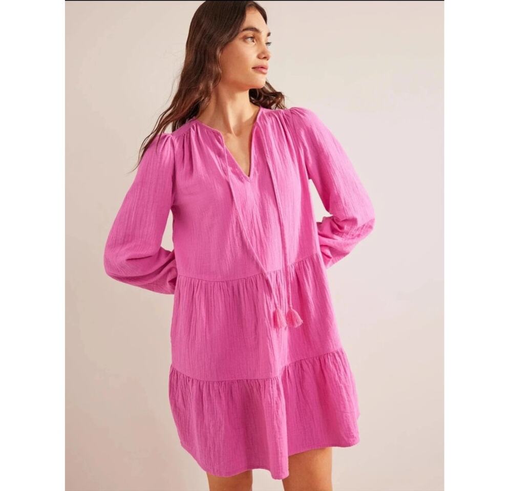 Boden Pink Cheesecloth 100% Cotton Gauzy Tiered Mini Dress US 8R Tassel Neck Tie